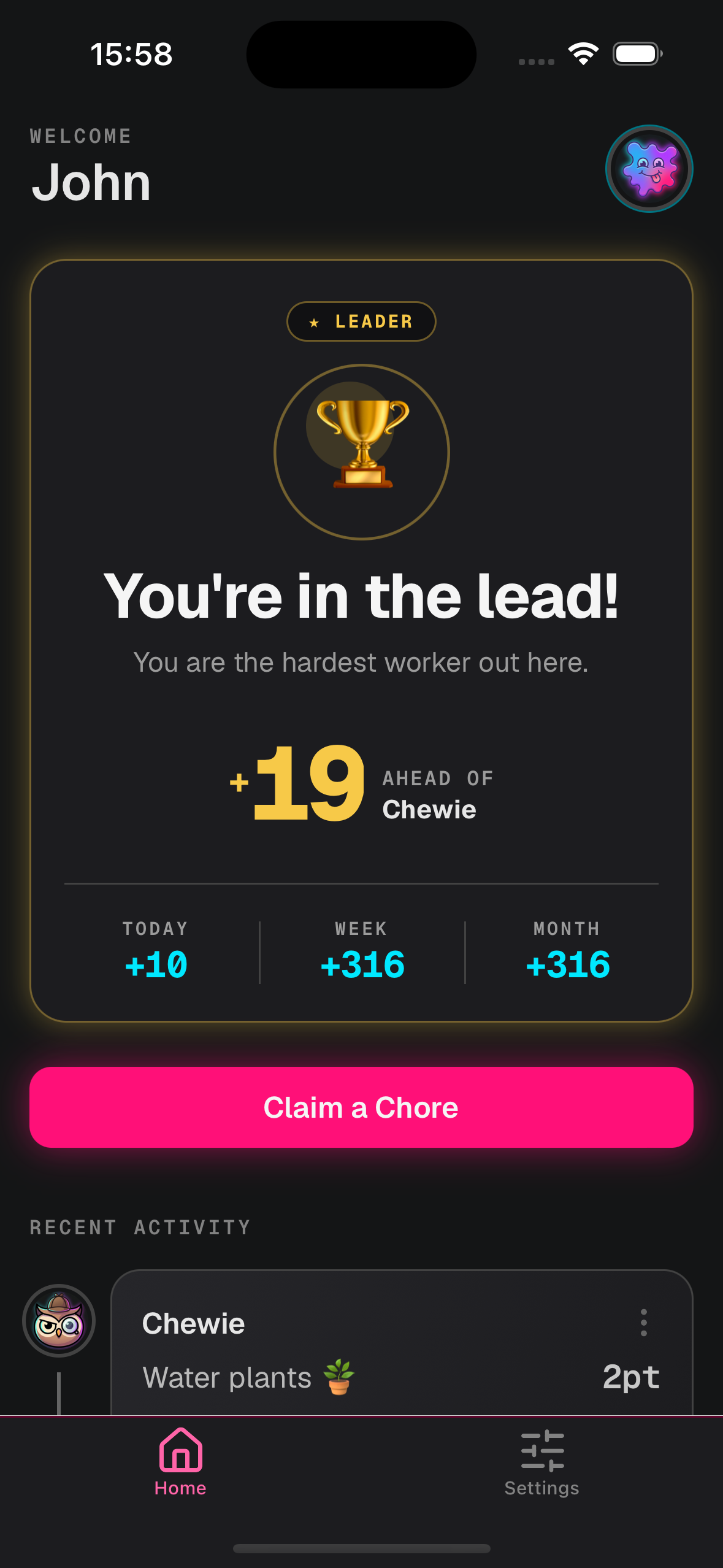 Chorii app home screen showing your weekly chore lead and recent activity